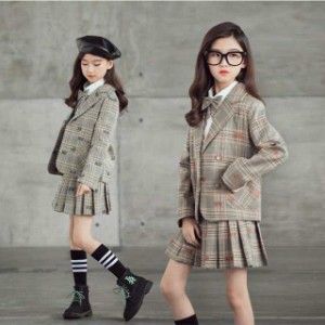 韓国子供服スーツ女の子卒業式入学式小学生アウタージャケット＋スカート2点セット子供服スーツ子供服チェック柄セ