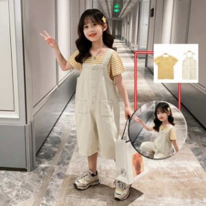 子ども服オーバーオール キッズ サロペット ｔシャツ おしゃれ 2点セット パンツ 半袖 子供服 女の子 ジュニアサイズ(メール便)