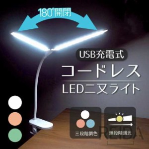 デスクライト クリップライト 二又 卓上ライト LED 子供 学習机 目に優しい おしゃれ クランプ レトロ USB 充電式 コードレス 北欧 明る