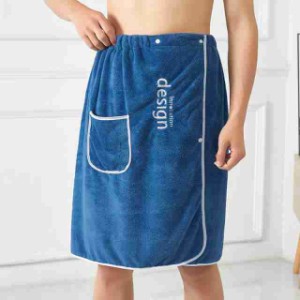 バススカート 男性用 コーラルフリース 吸水性良好 着用可能、巻きタオルとしても使用可能 ホームバスローブ 調節可能なゴム 刺繍バスタ