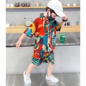 キッズ アロハシャツ Tシャツ 短パンツ 2点セット 花柄 半袖 子供服 男の子 シャツ リゾート アロハ柄 カジュアルシャツ ジュニア 子ども