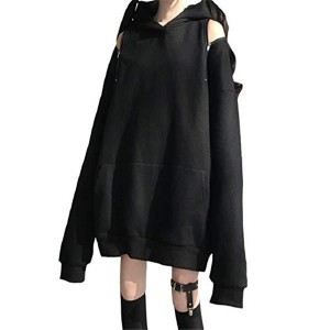 [AiO JAPAN] パーカー 両肩出し フード付き ブラック ビッグシルエット オフショルダー 韓国ファッション ゴシック ゴスロリ