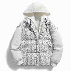 メンズ 中綿ジャケット フェイクレイヤード 保温 防寒 冬服 フード付き タイリッシュ 男性 柄物 中綿入り ボリューム アウトドア