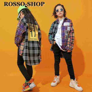 キッズダンス衣装 セットアップ ヒップホップ HIPHOP チェック柄 子供服 長袖 チェックシャツ タンクトップ トップス 長ズボン 体操服