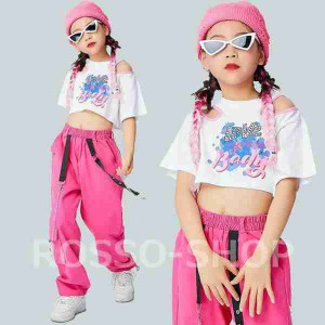キッズ ダンス衣装 セットアップ hiphop ヒップホップ ジャズダンス ピンク パンツ ステージ衣装 へそ出し 韓国 チアガール 演奏会 発表