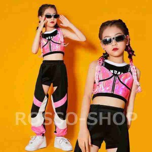 キッズ ダンス衣装 セットアップ hiphop ヒップホップ ジャズダンス ピンク ベスト ステージ衣装 へそ出し 韓国 チアガール 演奏会 発表