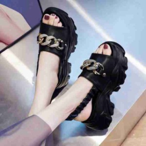 トングサンダル 美脚ヒールサンダル流行の女性サンダル2021夏の新型の韓国版の金属のチェーンは