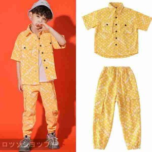 チェック柄 半袖シャツ パンツ イエロー キッズダンス衣装 ヒップホップ セットアップ 社交ダンス 練習着 JAZZ DS キッズ体操服 団体服