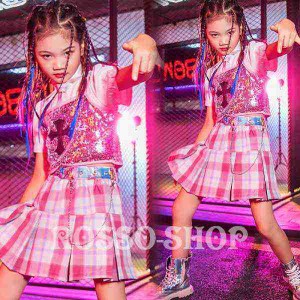 ダンス衣装 キッズ ガールズ キラキラ スパンコール ピンク セットアップ HIPHOP ジャズダンス へそ出し ステージ衣装 韓国 女の子 応援