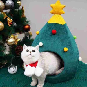 猫 ハウス ドーム型 ハウス 猫ベッド クリスマスツリー型 インテリア 可愛い 冬 保温防寒 フリース素材 65*42*42ＣＭ