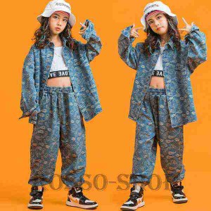 ダンス衣装キッズ デニムパンツ デニムコート ヒップホップ HIPHOP 女の子 男の子 トップス へそ出し 練習着 ステージ衣装