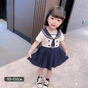 子供服 女の子 ワンピース ドッキングワンピース セットアップ風 半袖 ナチュラル かわいい 夏 セーラー服風 キッズ学生服 JKコスプレキ