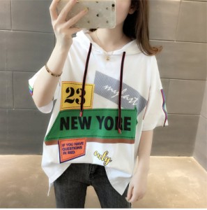 3色 トップス Tシャツ パーカー l 半袖 夏 ホワイト 白 オレンジ ブラック 黒 大きいサイズ M L XL 2XL ラウンドネック プリント