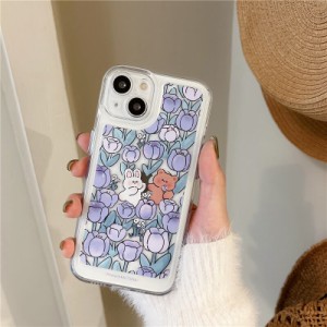 チューリップ iPhoneケース ブルー l うさぎ レトロ  クリアタイプ 大人可愛い スマホケース 韓国っぽ