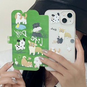 iPhoneケース 手帳型 グリーン l 犬 動物 アニマル 自然 英語 英単語 透明 イラスト 絵