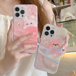 iPhoneケース ピンク うさぎ l ラビット クマ 宇宙 惑星 イラスト かわいい ガーリー 甘め 韓国 スマホケース