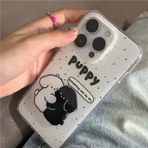 iPhoneケース スタンド付き 犬 l 白黒 動物 アニマル ゆるキャラ イラスト 英語 かわいい キュート 韓国 スマホケース