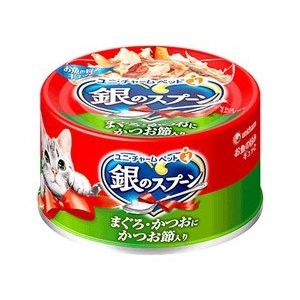 ユニ・チャーム 48個セット 銀のスプーン缶 猫缶 猫缶詰め まぐろ・かつおにかつお節入り 70g
