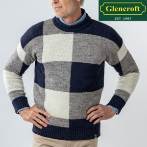 【Glencroft/グレンクロフト】英国製 ブリティッシュウール ネイビー セーター 長袖 メンズ 男性用 ボックスチェック ニット britshwool