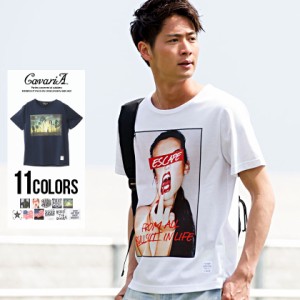 Tシャツ メンズ 半袖 CavariA キャバリア プリントクルーネック半袖Tシャツ 即日発送 カットソー フォト ホワイト ブラック ネイビー 黒 