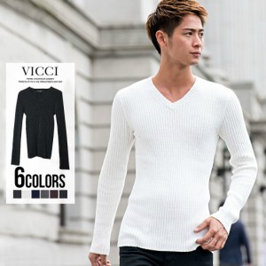 ニット セーター メンズ VICCI ビッチ 2重臼Vネックニットソー 即日発送 トップス インナー リブ 細身 タイト 無地 シンプル ブラック ホ