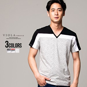 セール価格 SALE VIOLA ビオラ Tシャツ メンズ 半袖 ブランド Vネック 総柄 エンブレム ワンポイント ストレッチ おしゃれ ブラック ホワ