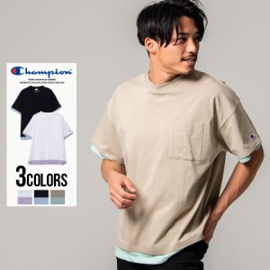 Tシャツ メンズ 半袖 Champion チャンピオン トップス インナー カットソー ロゴ 刺繍 ガーメントウォッシュ加工 レイヤード キャンパス 