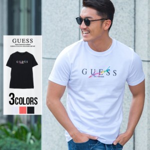 Tシャツ メンズ 半袖 GUESS ゲス トップス カットソー クルーネック レインボー 刺繍 ロゴ 綿100% コットン ユニセックス ブランド ホワ