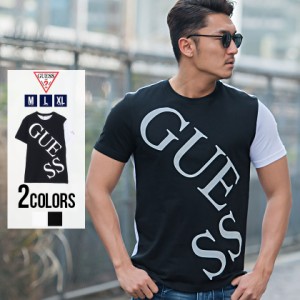 Tシャツ メンズ 半袖 GUESS ゲス トップス カットソー クルーネック 配色 切り替え 切替 メタリック ロゴ プリント 綿100% コットン ユニ