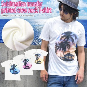 昇華転写プリントクルーネック Tシャツ サーフ柄 プリントTシャツ メンズ 半袖 昇華転写プリントクルーネックTシャツ プリント  ホワイト