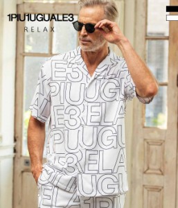 1PIU1UGUALE3 RELAX(ウノピゥウノウグァーレトレ)総柄ロゴオープンカラーシャツ アロハシャツ 開襟 半袖 メンズ カジュアル リゾート ト