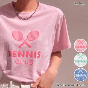新作 Tシャツ レディース 半袖 ロゴ プリント トップス カットソー 韓国 綿 コットン おしゃれ かわいい ゆったり テニス ラケット