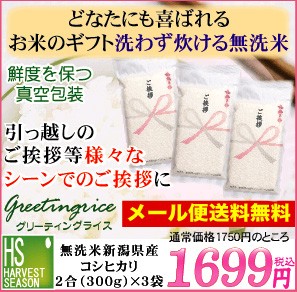 引越し 挨拶 ギフト【メール便送料無料】無洗米新潟コシヒカリ 2合(300g)×3袋【名入れ可 / 令和5年産】鮮度長持ち真空パック 