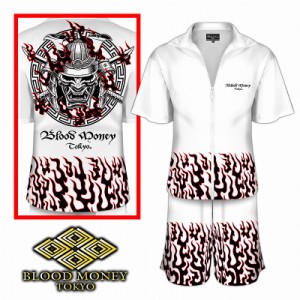 半袖 セットアップジャージ (半袖+半ズボン) 服 BLOOD MONEY TOKYO (ブラッドマネートーキョー) 鎧武者 侍 和柄 mbt-22004 白 黒 メンズ 