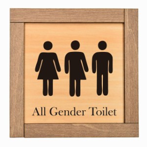 All Gender Toilet 木枠付 木製トイレプレート サインプレート ドアプレート ピクトサイン 四角形 トイレマーク オールジェンダートイレ