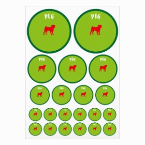 ドッグ ステッカー カラフル パグ ライトグリーン＆グリーン A4サイズ まとめて詰め合わせ サイズ別 丸型 21枚セット 犬種別 シール カー