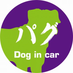 Dog in car ドッグインカー ステッカー カーステッカー パグ 毛筆書体 パープルグリーン シール 煽り運転対策 屋外 屋内 防水 かわいい 