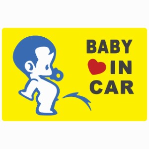 BABY IN CAR 小便小僧 イエロー セーフティサイン ステッカー 14x9cm 長方形タイプ シールタイプ あおり運転 対策 煽り運転対策 自動車用