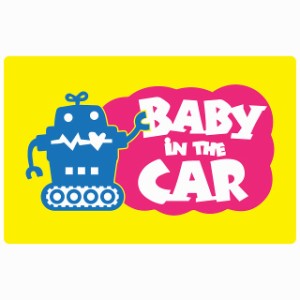 BABY IN CAR ロボット イエロー セーフティサイン ステッカー 14x9cm 長方形タイプ シールタイプ あおり運転 対策 煽り運転対策 自動車用