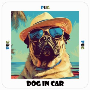 Pug パグ 犬 カーステッカー DOG IN CAR 海 麦わら帽子 サングラス 夏 13x13cm 正方形 防水 屋外 屋内 車ステッカー ステッカー 車 かっ