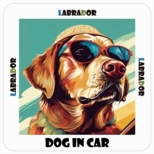 Labrador ラブラドール 犬 カーステッカー DOG IN CAR 海 麦わら帽子 サングラス 夏 13x13cm 正方形 防水 屋外 屋内 車ステッカー ステッ