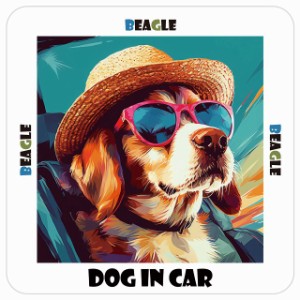 Beagle ビーグル 犬 カーステッカー DOG IN CAR 海 麦わら帽子 サングラス 夏 13x13cm 正方形 防水 屋外 屋内 車ステッカー ステッカー 