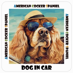 American Cocker Spaniel アメリカンコッカースパニエル 犬 カーステッカー DOG IN CAR 海 麦わら帽子 サングラス 夏 13x13cm 正方形 防