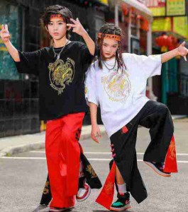 子供 ダンス衣装 中華 カンフー 武術 衣装 ジャズ HIP HOP ストリートダンス衣装 キッズ ユニセックス 男の子 女の子 ゆったり 半袖Tシャ