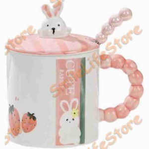 マグカップ 可愛い ウサギ ピンク たっぷり 380ml 蓋付き スプーン付き コーヒー お茶 牛乳 ティーカップ コーヒーカップ 磁器