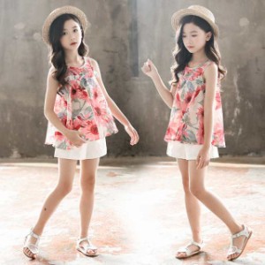 韓国子供服 セットアップ 女の子 キッズ 夏 上下セット 2点セット ノースリーブ Tシャツ パンツ 可愛い おしゃれ 通学着110-160cm
