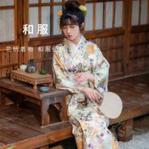 着物　洗える 花柄 ゆかた　レデイース　女性　裏地なし日本服　和服　花火大会　イベントドレス セクシー 花柄 光沢あり  民族衣装 ワン