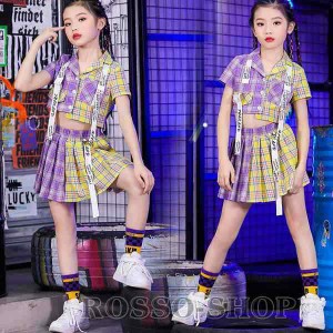 ダンス 衣装 キッズ ガールズ 女の子 セットアップ チェック スカート ヒップホップ 韓国 子供服 チェック柄 演奏会 応援団 韓国 ヒップ