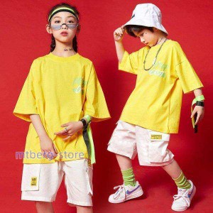 キッズダンス衣装 ヒップホップ ステージ衣装 応援団 ジャズダンス 男の子 女の子 韓国子供服 HIPHOP上下セット 発表会 派手 Tシャツ 練