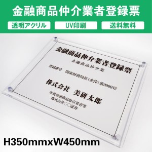 金融商品仲介業者登録票 透明アクリル　UV印刷　プレート看板 送料無料 【内容印刷込】◎W450×H350mm 厚み5mm